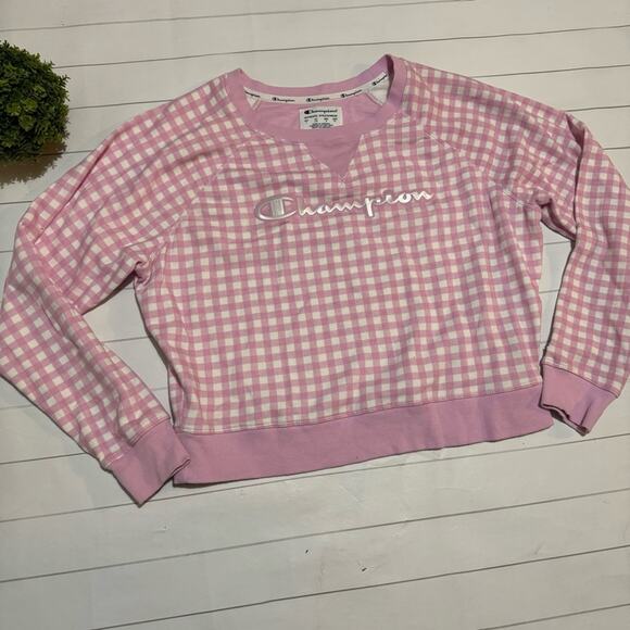 Champion Pink White‎ Gingham Check Plaid Cropped Sweatshirt Women’s Size Large - Picture 1 of 3